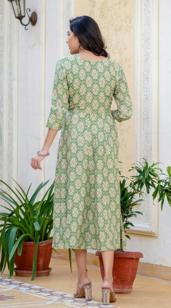 Mayawye Women's Rayon  Print With Embroidery Work A-Line Kurti (Green)