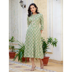 Mayawye Women's Rayon  Print With Embroidery Work A-Line Kurti (Green)