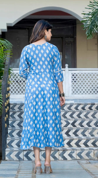 Mayawye Women's Rayon Print With Embroidery Work A-Line Kurti (Sky Blue)