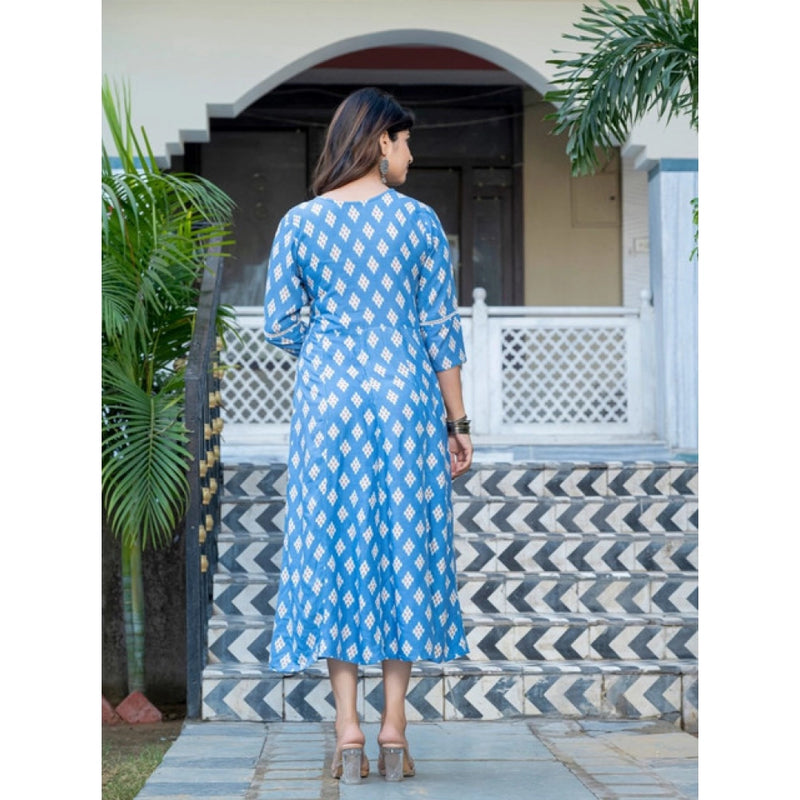 Mayawye Women's Rayon Print With Embroidery Work A-Line Kurti (Sky Blue)
