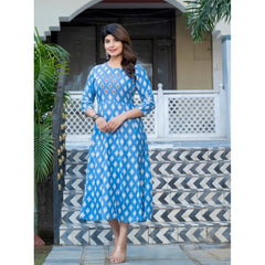 Mayawye Women's Rayon Print With Embroidery Work A-Line Kurti (Sky Blue)