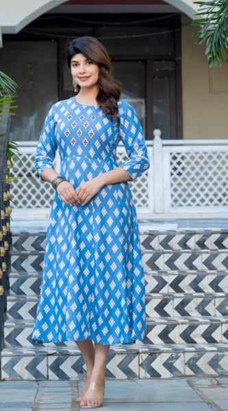 Mayawye Women's Rayon Print With Embroidery Work A-Line Kurti (Sky Blue)