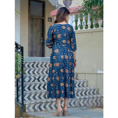 Mayawye Women's Rayon Print With Embroidery Work A-Line Kurti (Navy Blue)