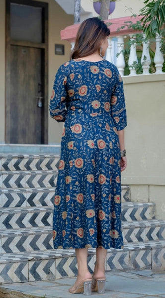 Mayawye Women's Rayon Print With Embroidery Work A-Line Kurti (Navy Blue)