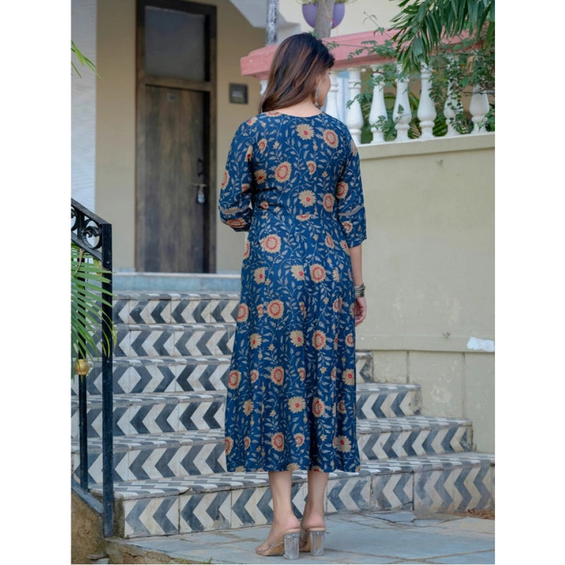 Mayawye Women's Rayon Print With Embroidery Work A-Line Kurti (Navy Blue)