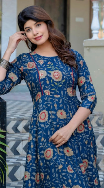 Mayawye Women's Rayon Print With Embroidery Work A-Line Kurti (Navy Blue)