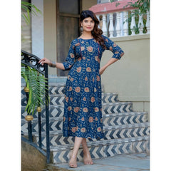 Mayawye Women's Rayon Print With Embroidery Work A-Line Kurti (Navy Blue)