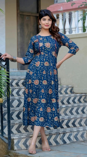 Mayawye Women's Rayon Print With Embroidery Work A-Line Kurti (Navy Blue)