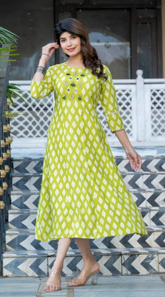 Mayawye Women's Rayon Print With Embroidery Work A-Line Kurti (Parrot)