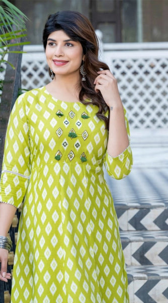 Mayawye Women's Rayon Print With Embroidery Work A-Line Kurti (Parrot)