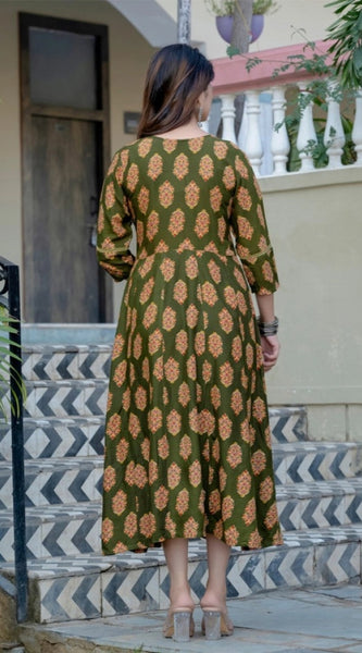 Mayawye Women's Rayon Print With Embroidery Work A-Line Kurti (Dark Green)