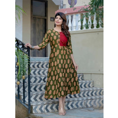 Mayawye Women's Rayon Print With Embroidery Work A-Line Kurti (Dark Green)