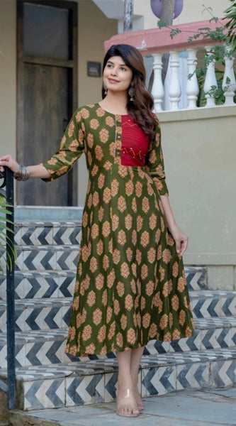Mayawye Women's Rayon Print With Embroidery Work A-Line Kurti (Dark Green)