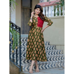 Mayawye Women's Rayon Print With Embroidery Work A-Line Kurti (Dark Green)