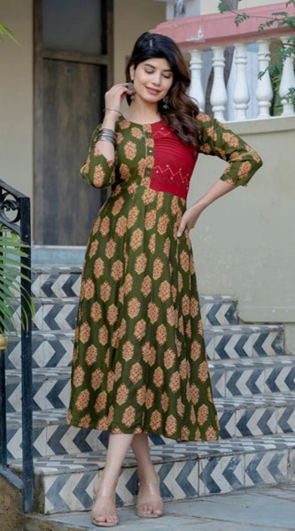 Mayawye Women's Rayon Print With Embroidery Work A-Line Kurti (Dark Green)