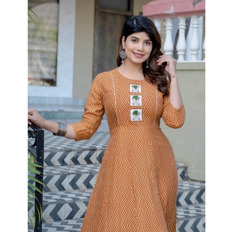 Mayawye Women's Rayon Print With Embroidery Work A-Line Kurti (Rust)