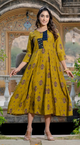 Mayawye Women's Rayon Print With Embroidery Work A-Line Kurti (Mehendi)