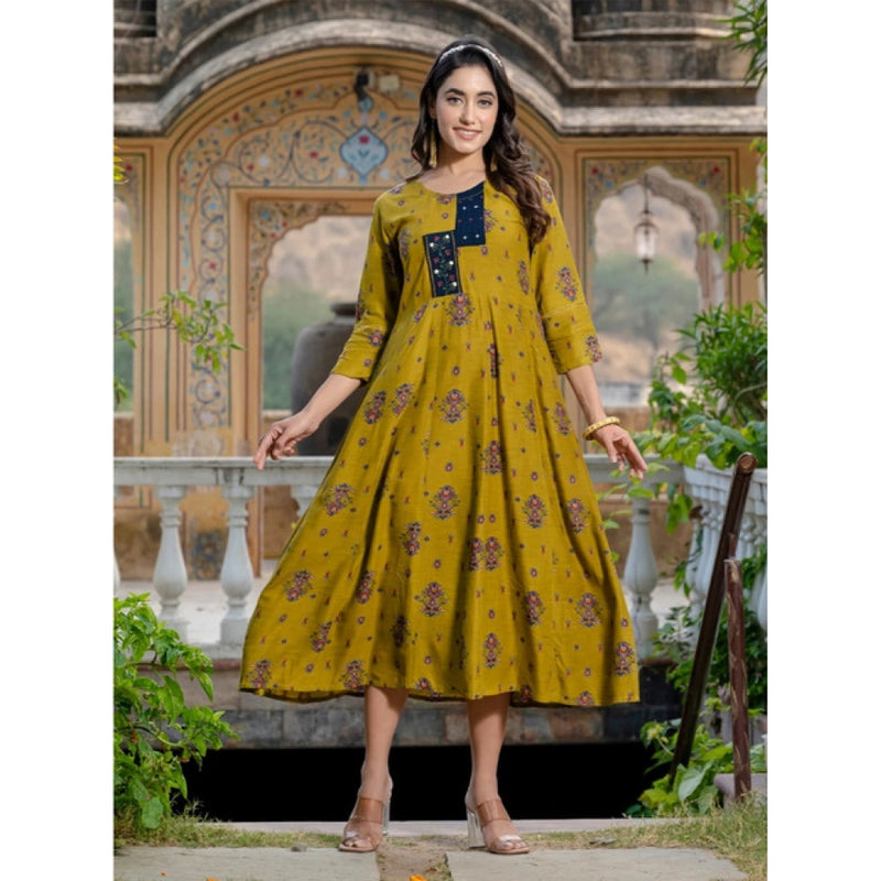 Mayawye Women's Rayon Print With Embroidery Work A-Line Kurti (Mehendi)