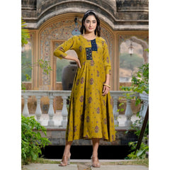 Mayawye Women's Rayon Print With Embroidery Work A-Line Kurti (Mehendi)