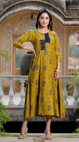 Mayawye Women's Rayon Print With Embroidery Work A-Line Kurti (Mehendi)