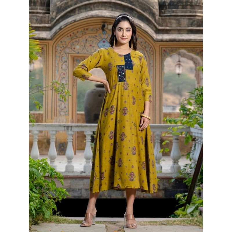 Mayawye Women's Rayon Print With Embroidery Work A-Line Kurti (Mehendi)