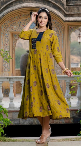 Mayawye Women's Rayon Print With Embroidery Work A-Line Kurti (Mehendi)