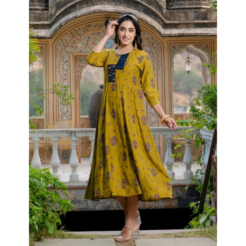 Mayawye Women's Rayon Print With Embroidery Work A-Line Kurti (Mehendi)