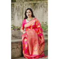 Mayawye Women's Soft Litchi Silk Jacquard Work Saree With Unstitched Blouse 5.5Mtr (Red)