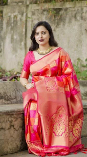 Mayawye Women's Soft Litchi Silk Jacquard Work Saree With Unstitched Blouse 5.5Mtr (Red)