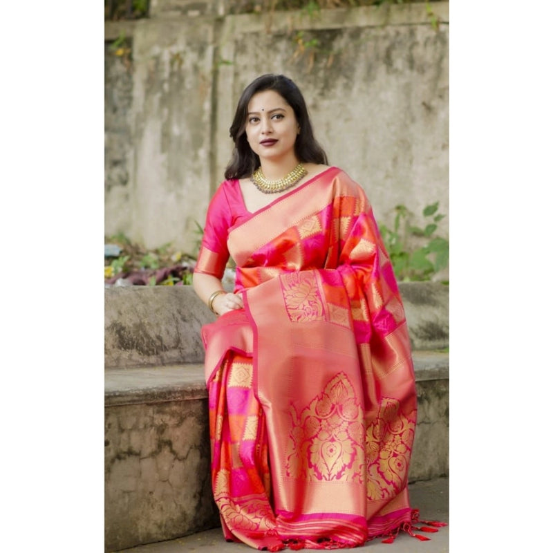Mayawye Women's Soft Litchi Silk Jacquard Work Saree With Unstitched Blouse 5.5Mtr (Red)