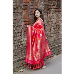 Mayawye Women's Soft Litchi Silk Jacquard Work Saree With Unstitched Blouse 5.5Mtr (Red)