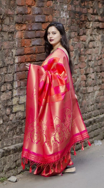 Mayawye Women's Soft Litchi Silk Jacquard Work Saree With Unstitched Blouse 5.5Mtr (Red)