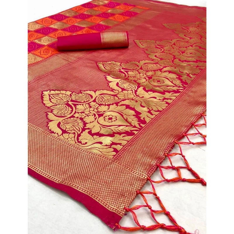 Mayawye Women's Soft Litchi Silk Jacquard Work Saree With Unstitched Blouse 5.5Mtr (Red)