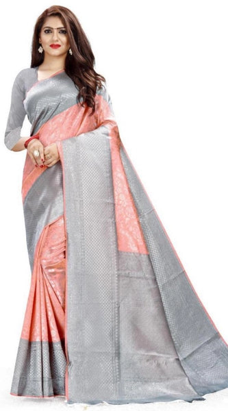 Mayawye Women's Soft Litchi Silk Jacquard Work Saree With Unstitched Blouse 5.5Mtr (Orange)