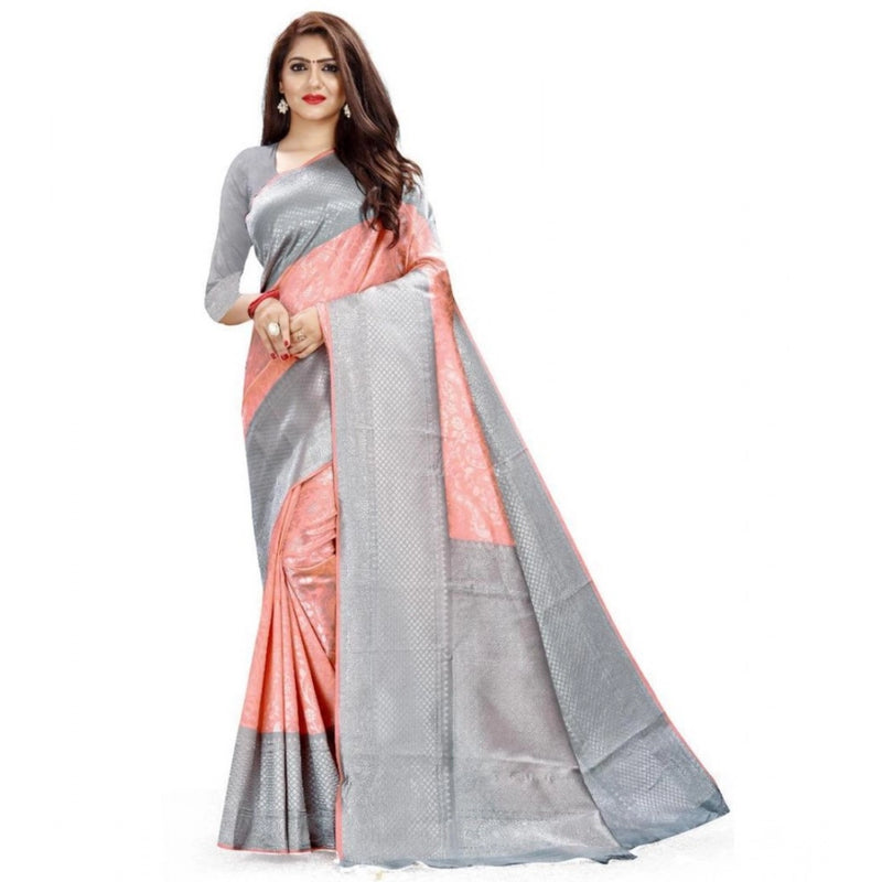Mayawye Women's Soft Litchi Silk Jacquard Work Saree With Unstitched Blouse 5.5Mtr (Orange)