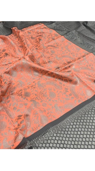 Mayawye Women's Soft Litchi Silk Jacquard Work Saree With Unstitched Blouse 5.5Mtr (Orange)