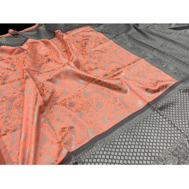 Mayawye Women's Soft Litchi Silk Jacquard Work Saree With Unstitched Blouse 5.5Mtr (Orange)