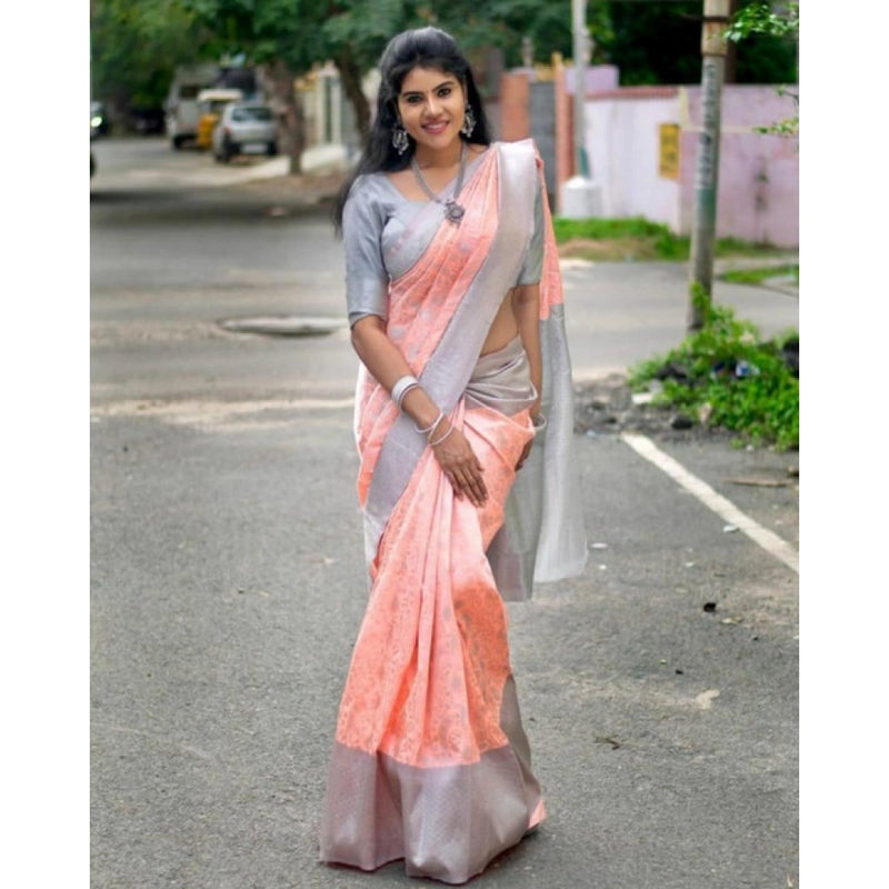 Mayawye Women's Soft Litchi Silk Jacquard Work Saree With Unstitched Blouse 5.5Mtr (Orange)