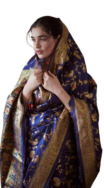 Mayawye Women's Soft Litchi Silk Jacquard Work Saree With Unstitched Blouse 5.5Mtr (Blue)