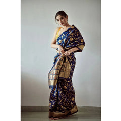 Mayawye Women's Soft Litchi Silk Jacquard Work Saree With Unstitched Blouse 5.5Mtr (Blue)