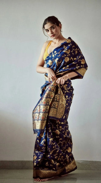 Mayawye Women's Soft Litchi Silk Jacquard Work Saree With Unstitched Blouse 5.5Mtr (Blue)