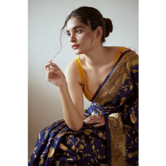 Mayawye Women's Soft Litchi Silk Jacquard Work Saree With Unstitched Blouse 5.5Mtr (Blue)