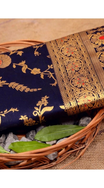 Mayawye Women's Soft Litchi Silk Jacquard Work Saree With Unstitched Blouse 5.5Mtr (Blue)