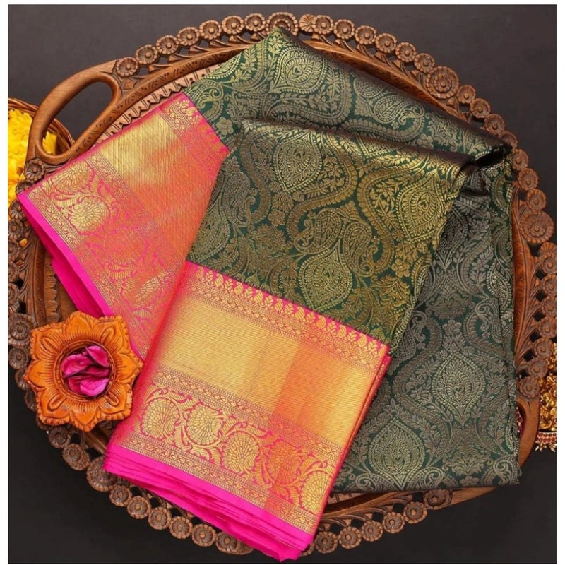 Mayawye Women's  Soft Litchi Silk Jacquard Work Saree With Unstitched Blouse 5.5Mtr (Green)