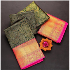 Mayawye Women's  Soft Litchi Silk Jacquard Work Saree With Unstitched Blouse 5.5Mtr (Green)