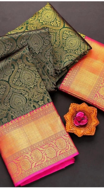 Mayawye Women's  Soft Litchi Silk Jacquard Work Saree With Unstitched Blouse 5.5Mtr (Green)