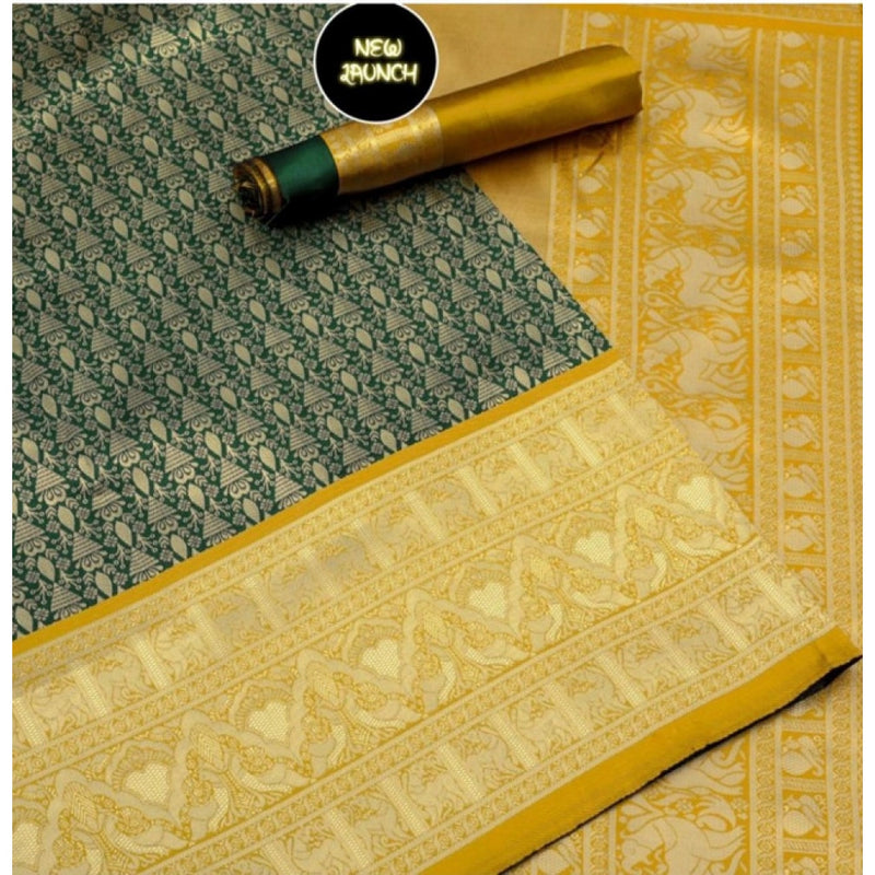 Mayawye Women's Soft Litchi Silk Jacquard Work Saree With Unstitched Blouse 5.5Mtr ( Mustard Yellow)