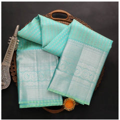 Mayawye Women's Soft Litchi Silk Jacquard Work Saree With Unstitched Blouse 5.5Mtr (Blue)