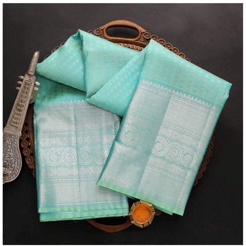 Mayawye Women's Soft Litchi Silk Jacquard Work Saree With Unstitched Blouse 5.5Mtr (Blue)