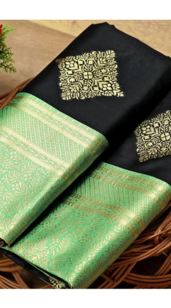 Mayawye Women's Soft Litchi Silk Jacquard Work Saree With Unstitched Blouse 5.5Mtr (Black)